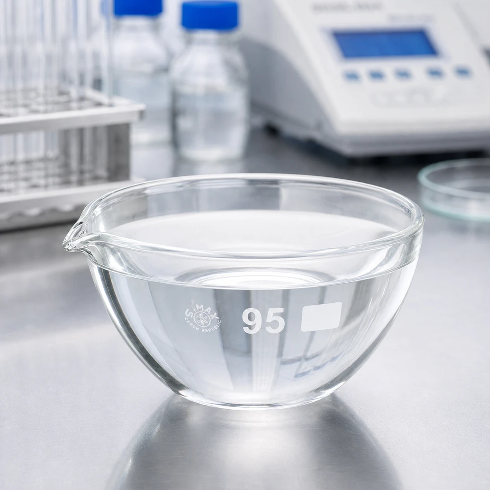 Indampschaal 170ml van borosilicaatglas met schenktuit Professionele laboratoriumschaal 170ml met geïntegreerde schenktuit voor gecontroleerde vloeistofdosering
