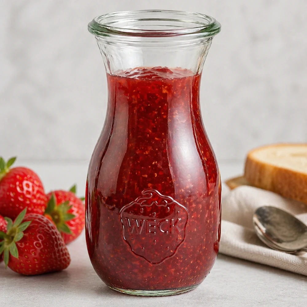 WECK RR60 sapfles van 290 ml Gevulde WECK sapfles 290ml RR60 met rode aardbeienjam en zichtbaar bedrijfslogo op wit oppervlak