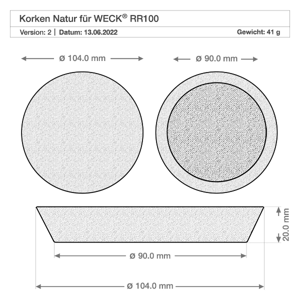 Technische tekening WECK RR100 kurkstop met afmetingen 104mm 90mm diameter 20mm hoogte gewicht 41g natuurkurk