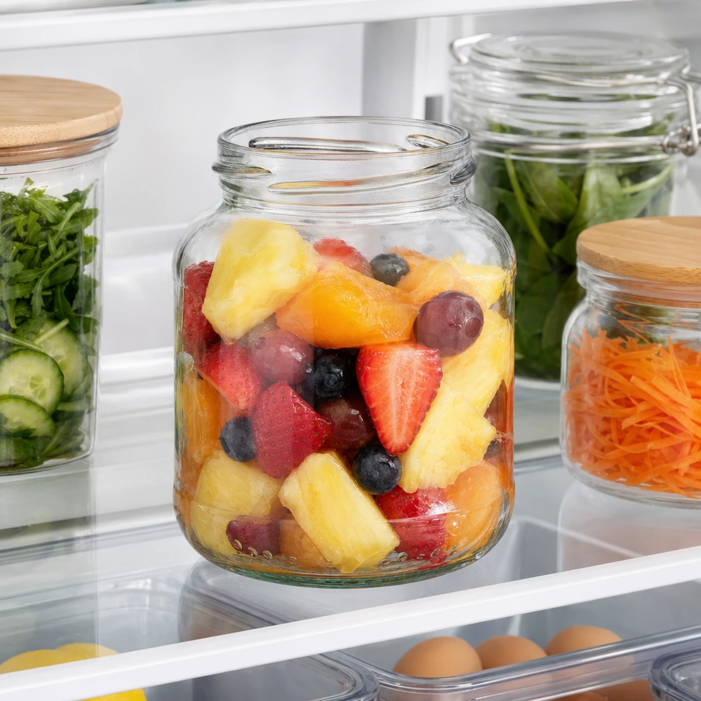 370ml ovaal glas deksel (TO66) UNiTWIST UNiTWIST Oval370 inmaakpot 370ml met fruitsalade in de koelkast naast andere voorraadpotten met groenten