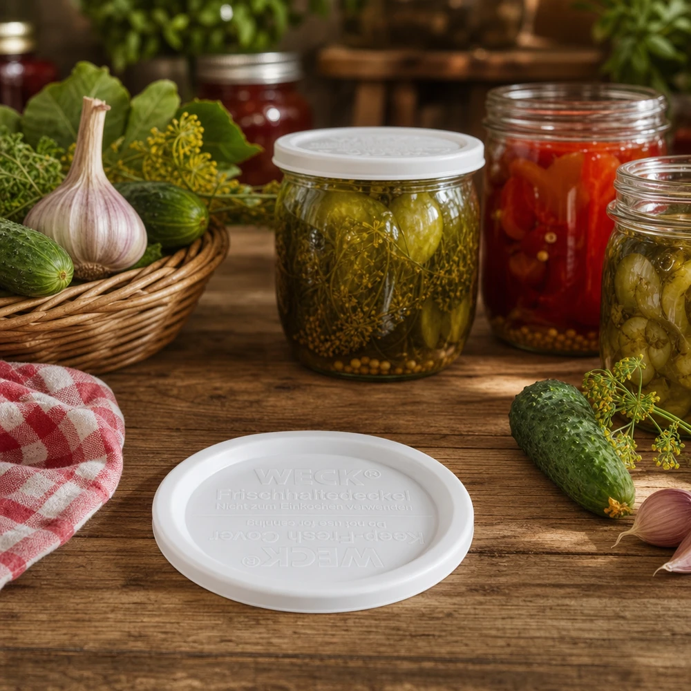 WECK RR120 vershouddeksel in rustieke inmaakkeuken met ingemaakte komkommers, tomaten en verse kruiden