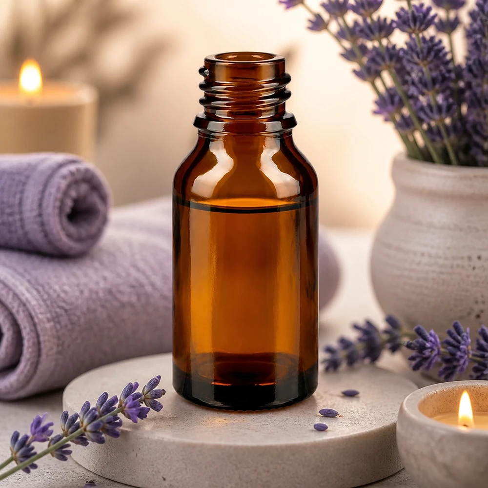 Bruine glazen fles 30ml 30ml bruin apothekersflesje ApoGlas met lavendel spa wellness aromatherapie handdoeken kaarsen sfeer