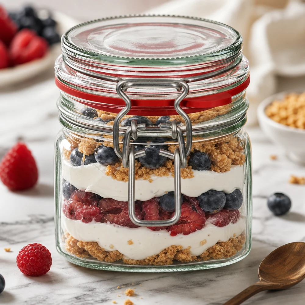 Voorraadpot type G van 370 ml met beugelsluiting UN.. Inmaakpot met klemdeksel 370ml gevuld met een gelaagd dessert van bessen en yoghurt