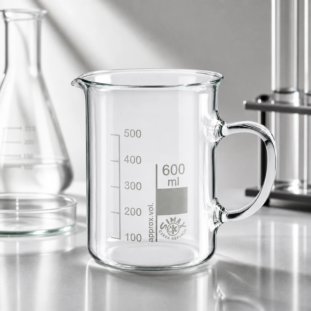 Bekerglas 600 ml van hittebestendig borosilicaatglas met handvat Maatbeker van 600 ml met handvat, schaalverdeling van 100 tot 500 ml, van doorzichtig borosilicaatglas