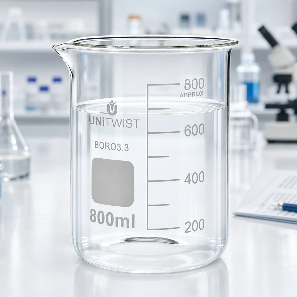 Borosilicaatglas maatbeker 800 ml UNiTWIST, laag model met schaalverdeling tot 800 ml (ongeveer)