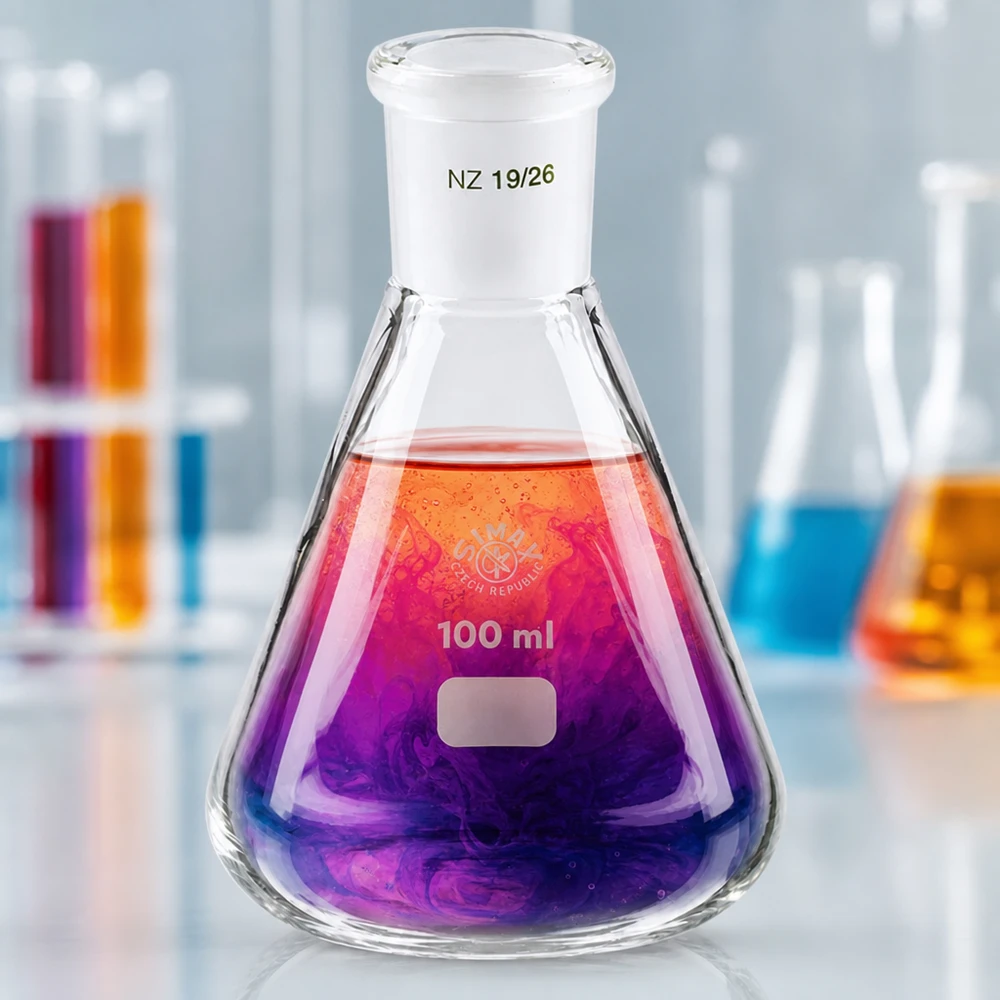 Erlenmeyer 100ml nauwe hals borosilicaat met slijpstuk 19/26 Erlenmeyer 100ml nauwe hals borosilicaat met slijpstuk 19/26