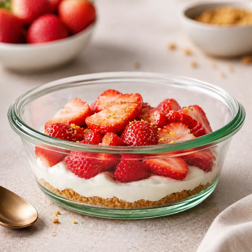 WECK Gourmetpot 300ml RR120 als dessertschaal met aardbeien en room toont veelzijdig gebruik als serveerpot