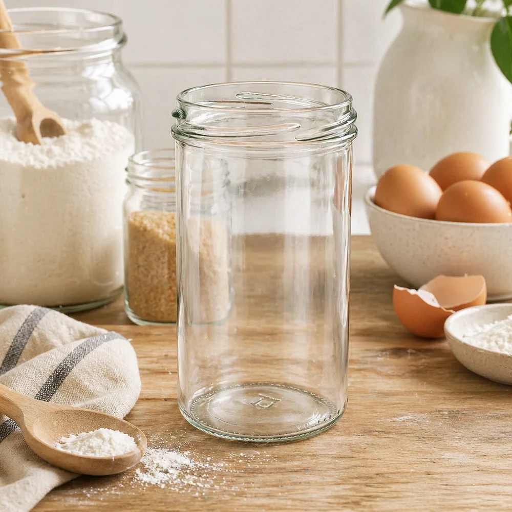 UNiTWIST bekers 277ml TO66 leeg op houten tafel met keukengerei eieren en bloem in rustieke keuken