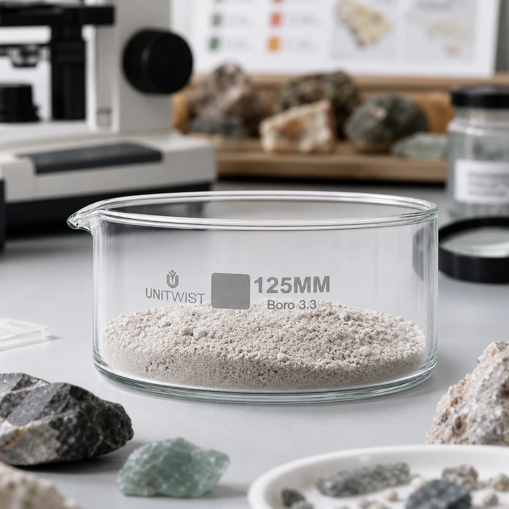 Kristallisatieschaal ø125 mm UNiTWIST Boro 3.3, helder glas, gevuld met fijn sedimentpoeder