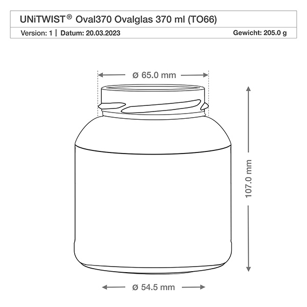 Technische tekening UNiTWIST Oval370 Ovaal glas 370ml TO66 met afmetingen Diameter 65mm Hoogte 107mm Gewicht 205g