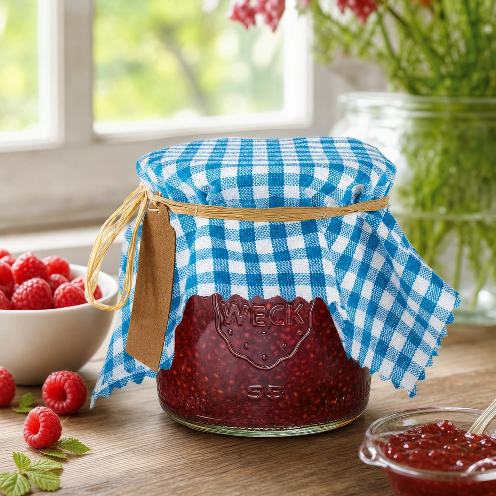 Stoffen lapje voor deksel turquoise geruit 15cm hoekig Turquoise geruite stoffen decoratieve onderlegger 15cm voor zelfgemaakte jam met frambozen in een decoratief ontwerp
