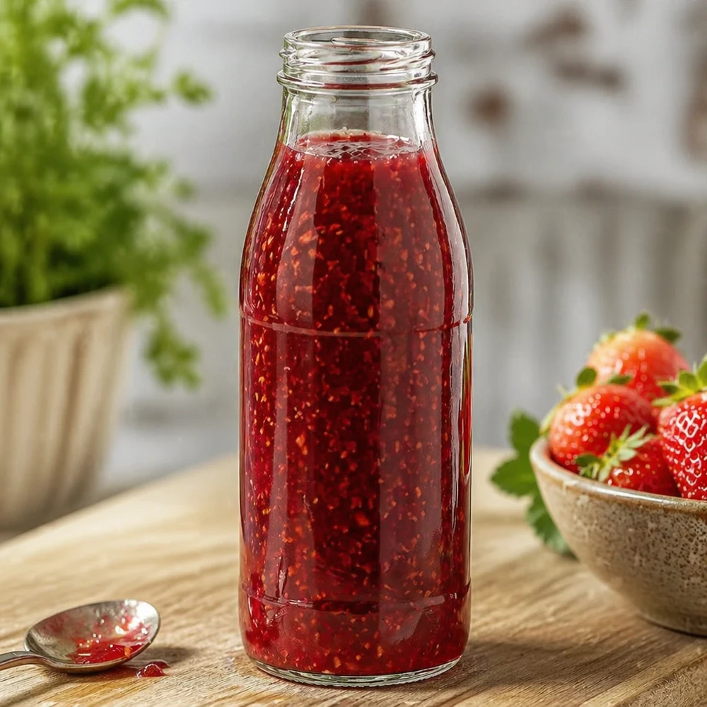 500ml glazen fles zonder deksel TO48 UNiTWIST gevuld met rode jam naast verse aardbeien op een houten tafel
