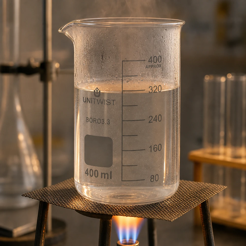 Beker 400ml borosilicaat, hoge vorm UNITWIST Chemielaboratoriumbekerglas 400 ml, hoge cilindrische vorm met uitgietmond, op een draadrooster en een driepoot
