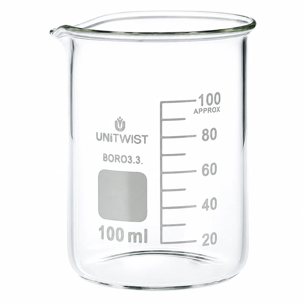 Beker 100ml borosilicaat, lage vorm UNiTWIST Cilindrisch bekerglas van 100 ml, borosilicaatglas, lage vorm met witte schaalverdeling