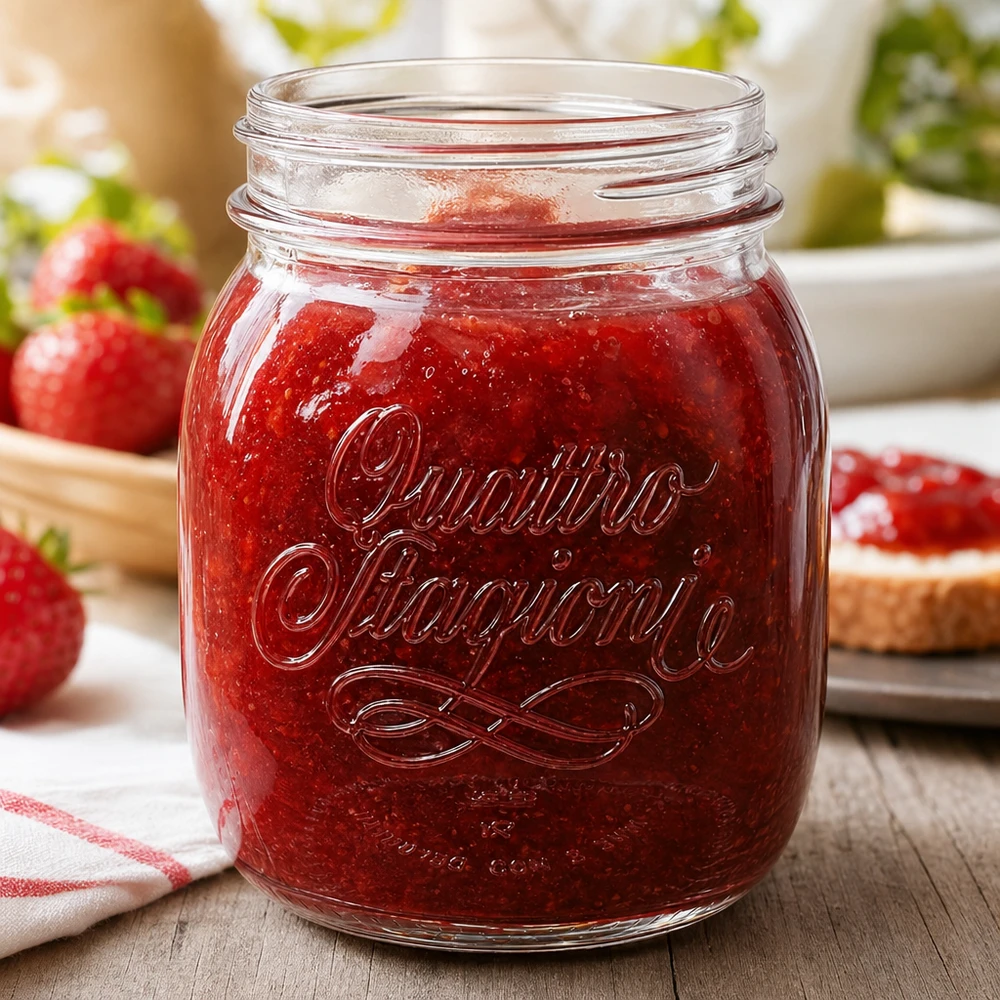 700ml huishoudglas "Quattro Stagioni" 700ml Quattro Stagioni huishoudpot gevuld met rode jam naast verse aardbeien op houten tafel