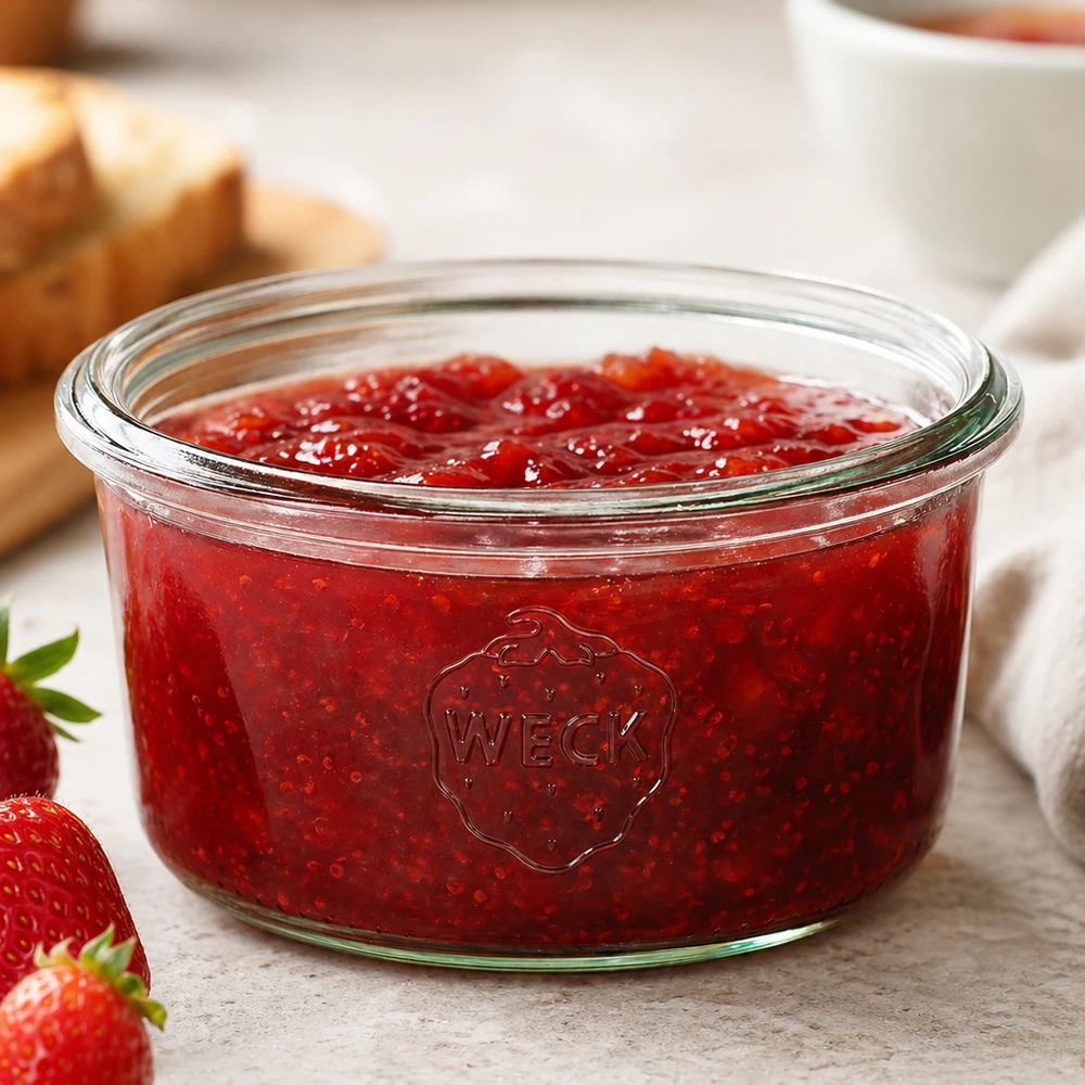 165 ml WECK RR80 pot gevuld met rode aardbeienjam op een witte houten tafel naast verse aardbeien en brood