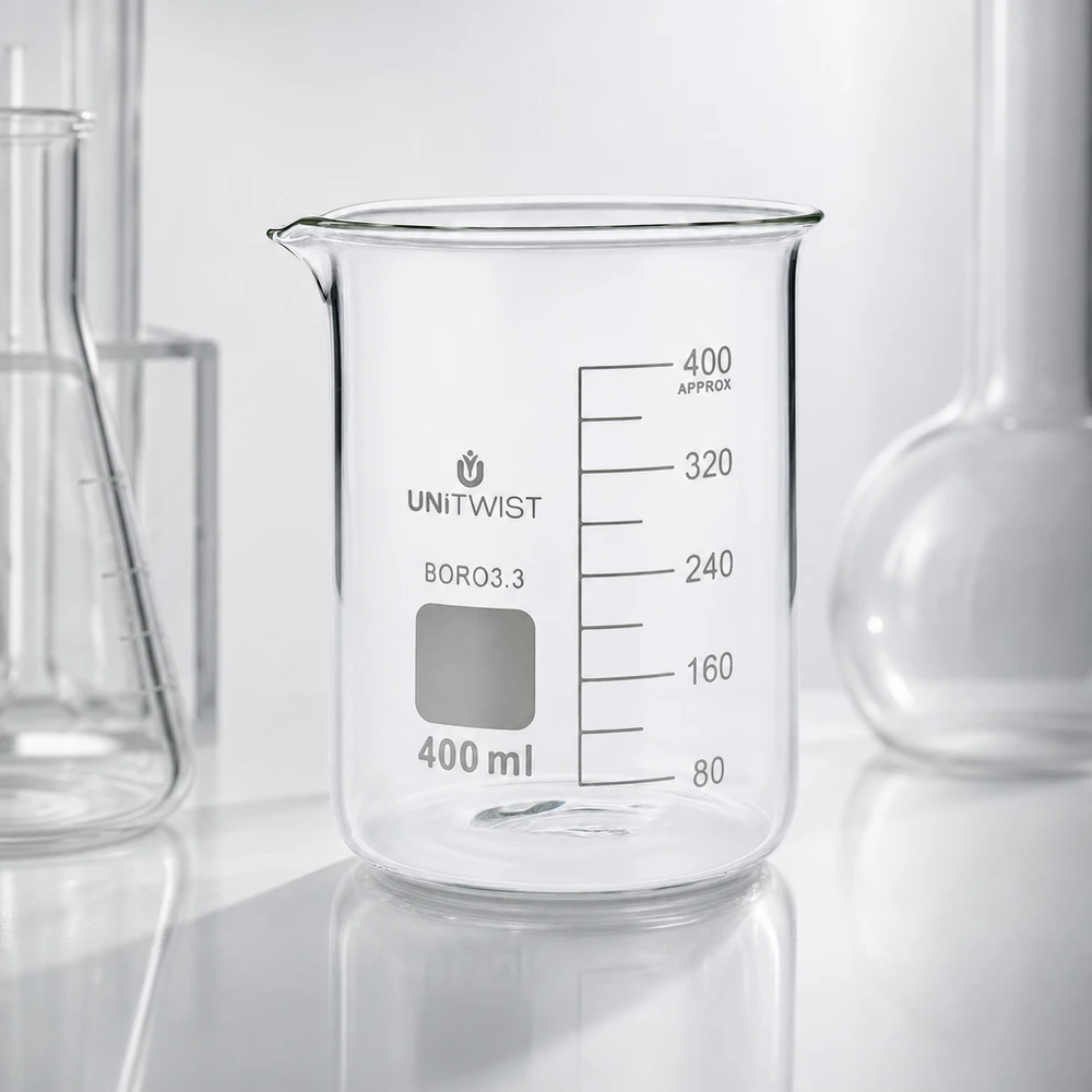 UNiTWIST glazen beker van 400 ml, laag model, van helder borosilicaatglas met een witte achtergrond