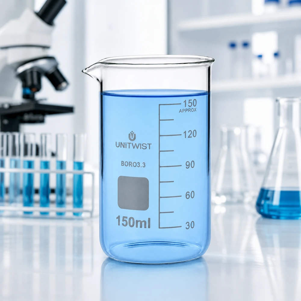 Beker 150ml borosilicaat, hoge vorm UNITWIST Professioneel laboratoriumglas: UNITWIST bekerglas 150 ml, hoog model voor nauwkeurige vloeistofmeting