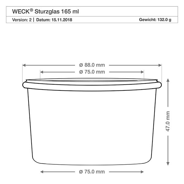 Technische tekening 165ml WECK beker RR80 met afmetingen 88mm diameter 47mm hoogte 132g gewicht