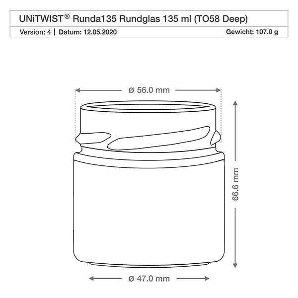UNiTWIST Runda135 rond glas 135ml TO58 Diepe technische tekening met afmetingen 56mm diameter 66,6mm hoogte