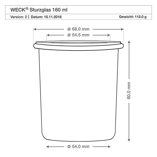 WECK 160ml RR60 beker technische tekening met afmetingen diameter 68mm hoogte 80mm gewicht 112g