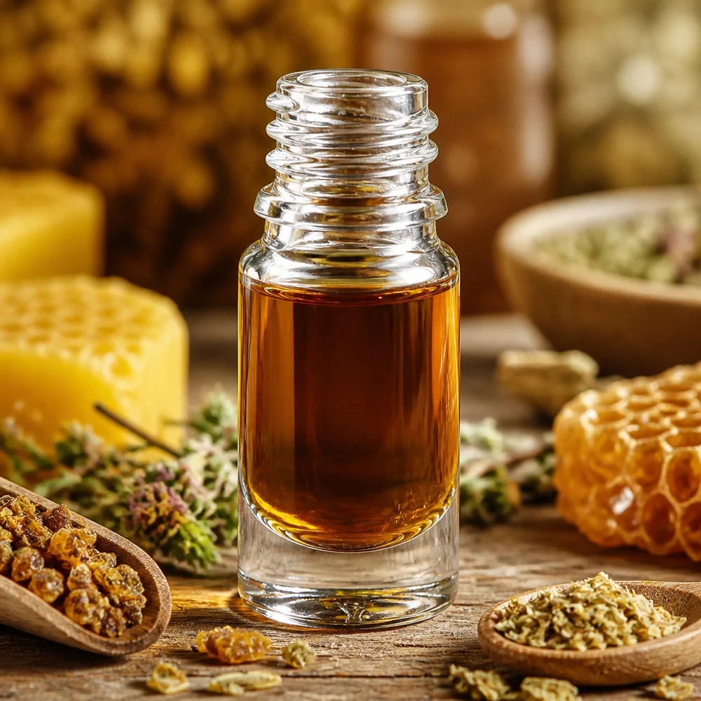 Helder glazen fles 5ml Hoogwaardige apothekersfles van 5 ml ApoGlas met honingkleurige inhoud op een rustieke houten tafel