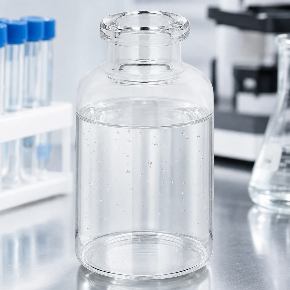 Injectiefles helder glas 20ml Glasbehälter 20ml für Injektionspräparate mit Mikroskop und Reagenzgläsern im Hintergrund