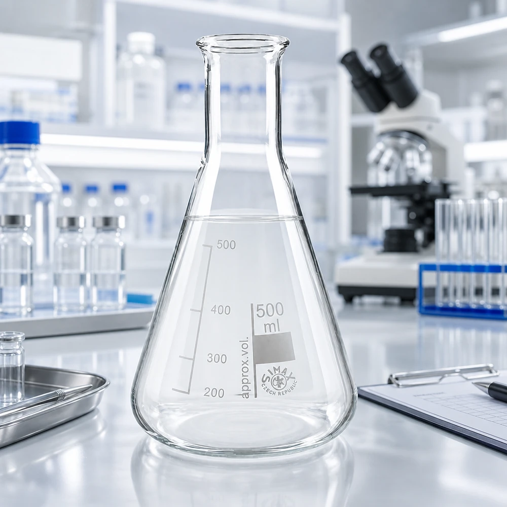 Erlenmeyer 500ml nauwe hals borosilicaat met afgeronde rand Borosilicaat erlenmeyer 500 ml met smalle hals om verdampingsverliezen te beperken