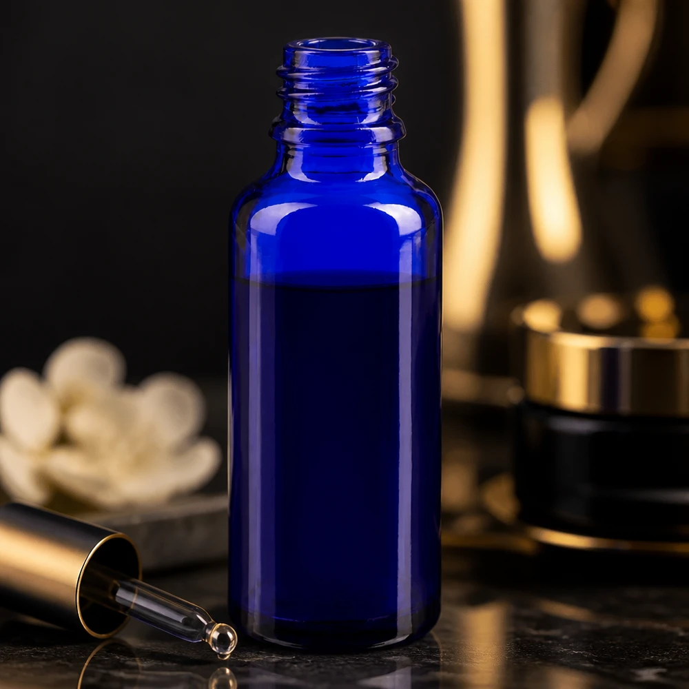 Blauwe glazen fles 30ml ApoGlas blauwe druppelfles van 30 ml met losgelegde glazen pipet op zwart marmer
