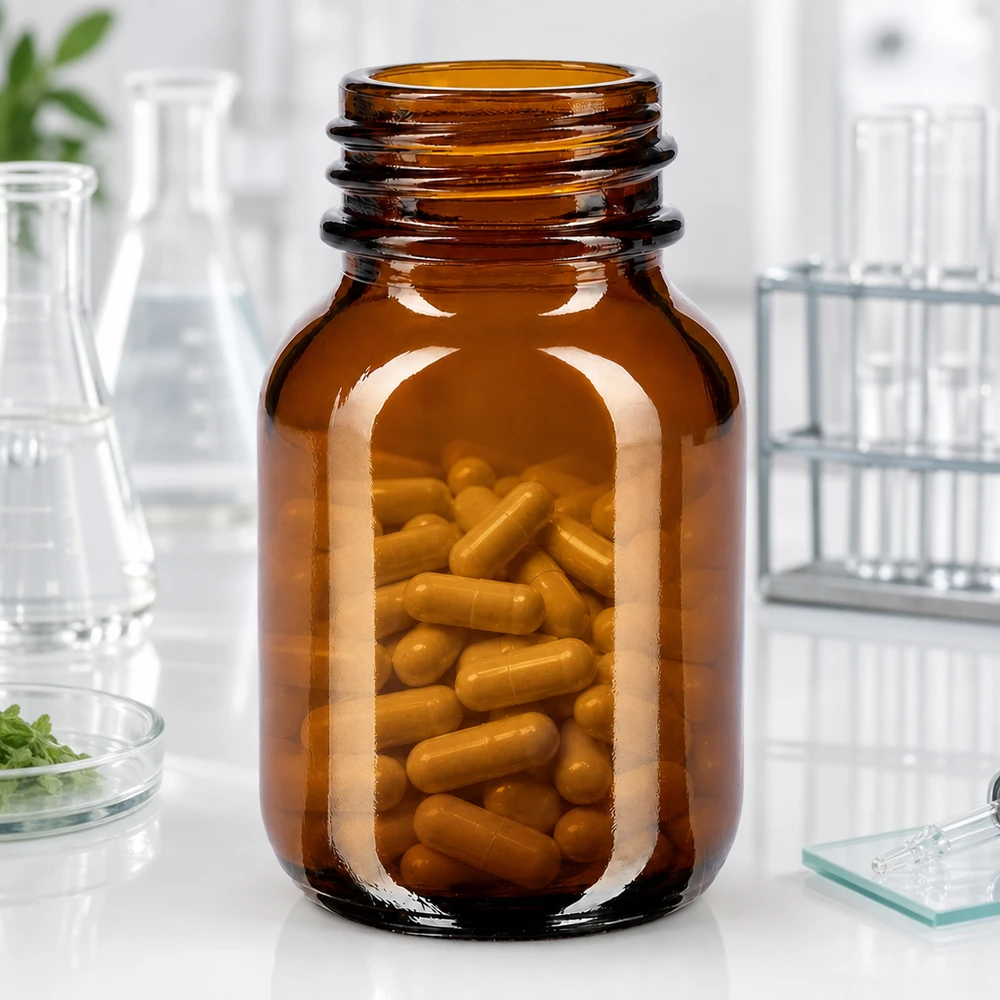 Fles met wijde hals 50 ml bruin glas met DIN 32 opening zonder sluiting Bruin glazen flesje 50ml met wijde opening ideaal voor capsules en tabletten