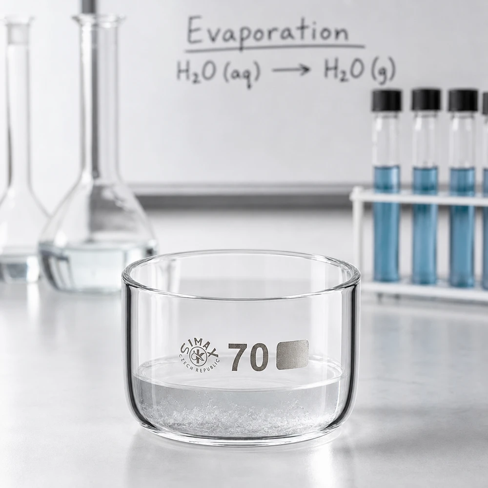 Laboratoriumschaal van hittebestendig borosilicaatglas met een diameter van 70 mm naast een Erlenmeyer-kolf op het laboratoriumblad