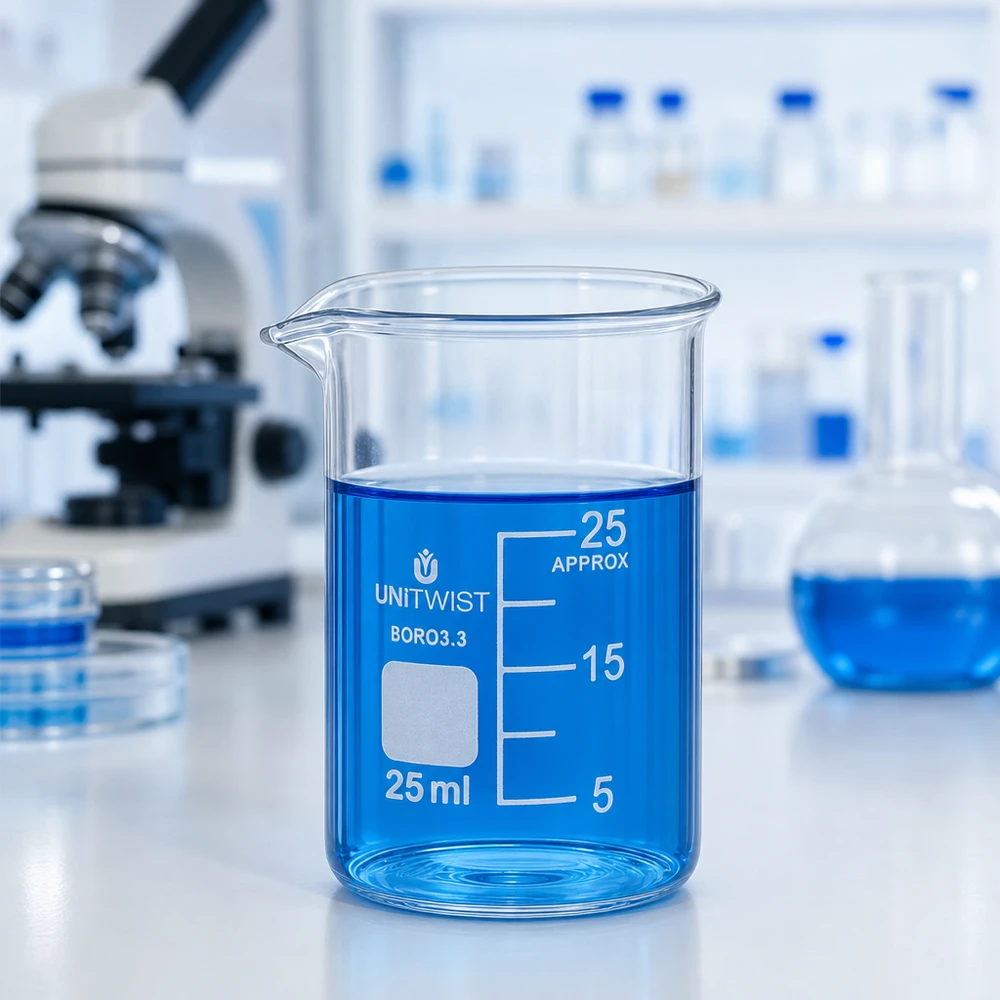 Beker 25ml borosilicaat, lage vorm UNiTWIST UNiTWIST-maatbeker van 25 ml met wit opschriftveld en nauwkeurige volumeschaal