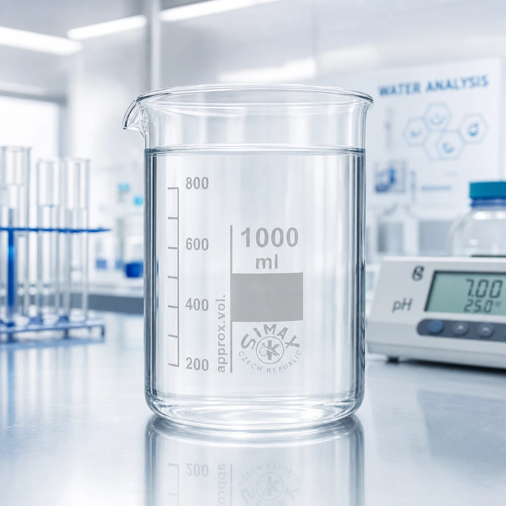 Bekerglas 1000 ml van hittebestendig borosilicaatglas (laag model) 1000 ml beker van borosilicaatglas in lage vorm met schenktuit voor gemakkelijk decanteren