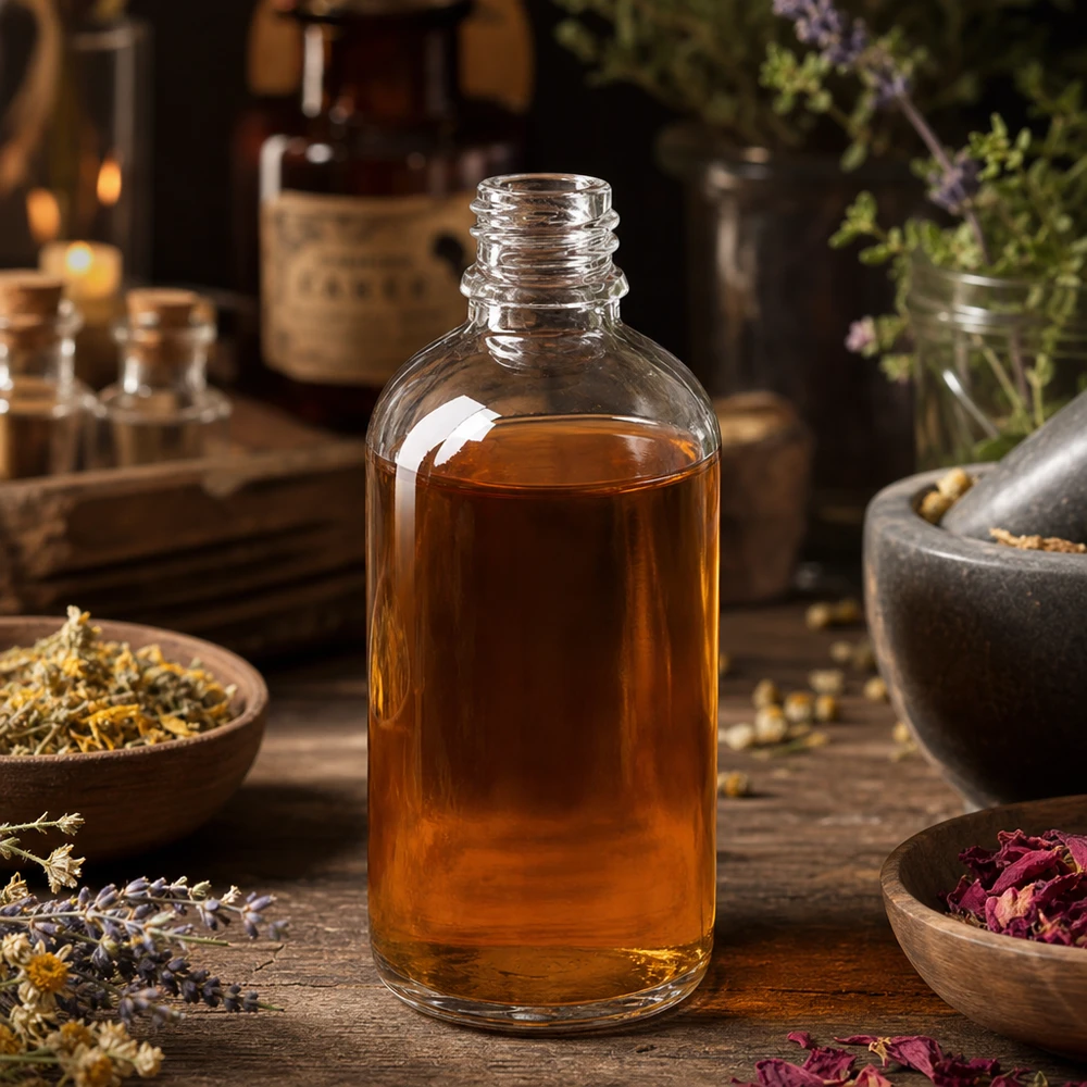 100ml apothekersfles ClearLine DIN18 UNiTWIST Doorzichtige glazen fles van 100 ml met amberkleurige inhoud, omringd door gedroogde bloemen en morser