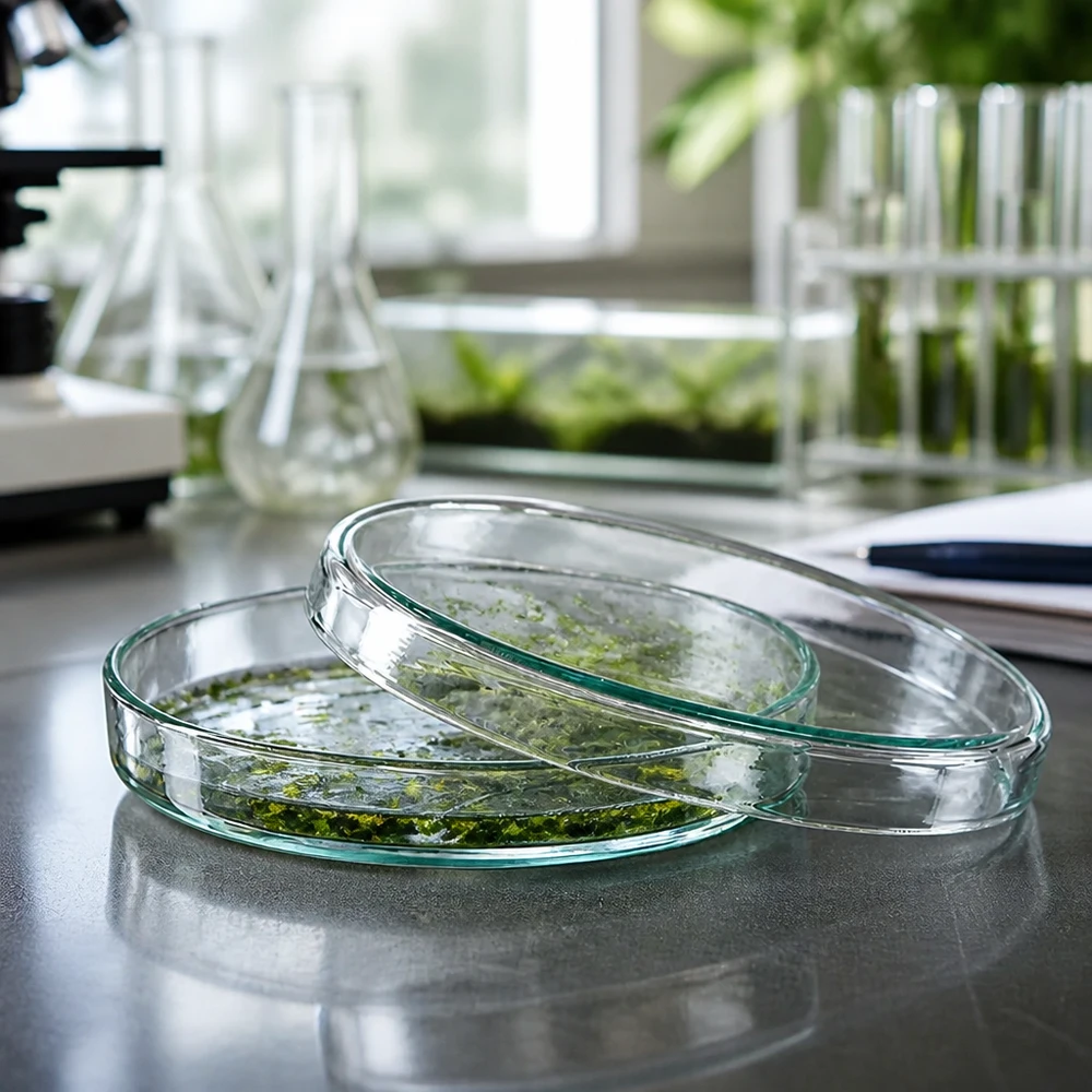 Doorzichtige petrischalen van 90 x 15 mm, op elkaar gestapeld, met groene weefselculturen in het plantenlaboratorium