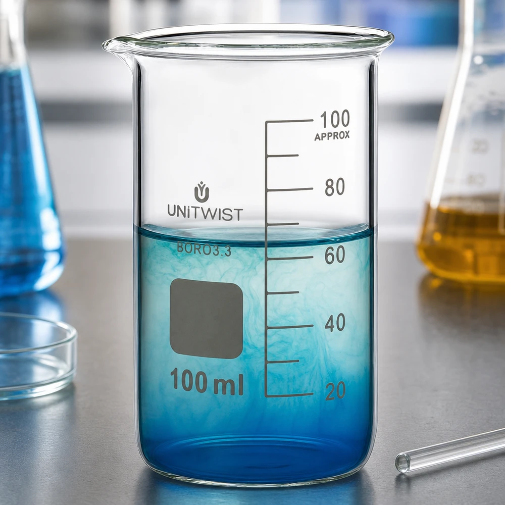 Beker 100ml borosilicaat, hoge vorm UNITWIST Wetenschappelijke maatbeker 100 ml, hoog model, borosilicaatglas, transparant, met tuit UNITWIST