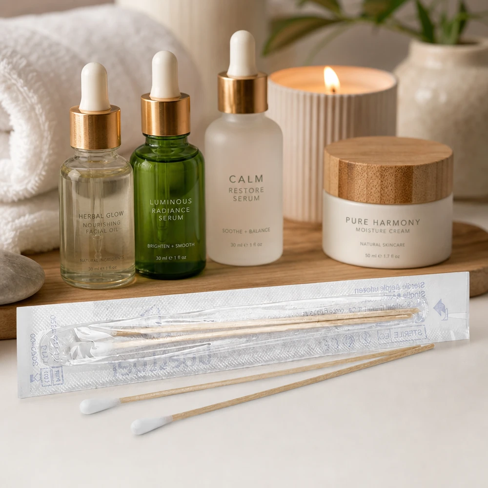 Steriele wattenstaafjes, verpakt per twee in doorzichtige folie, voor een nauwkeurige cosmetica- en verzorgingsroutine