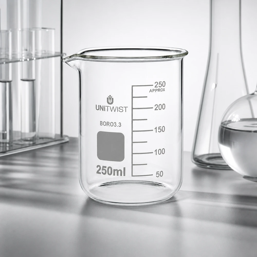 UNiTWIST 250 ml laboratoriumglaswerk met lage vorm, inclusief reageerbuisjes en Erlenmeyer-kolven