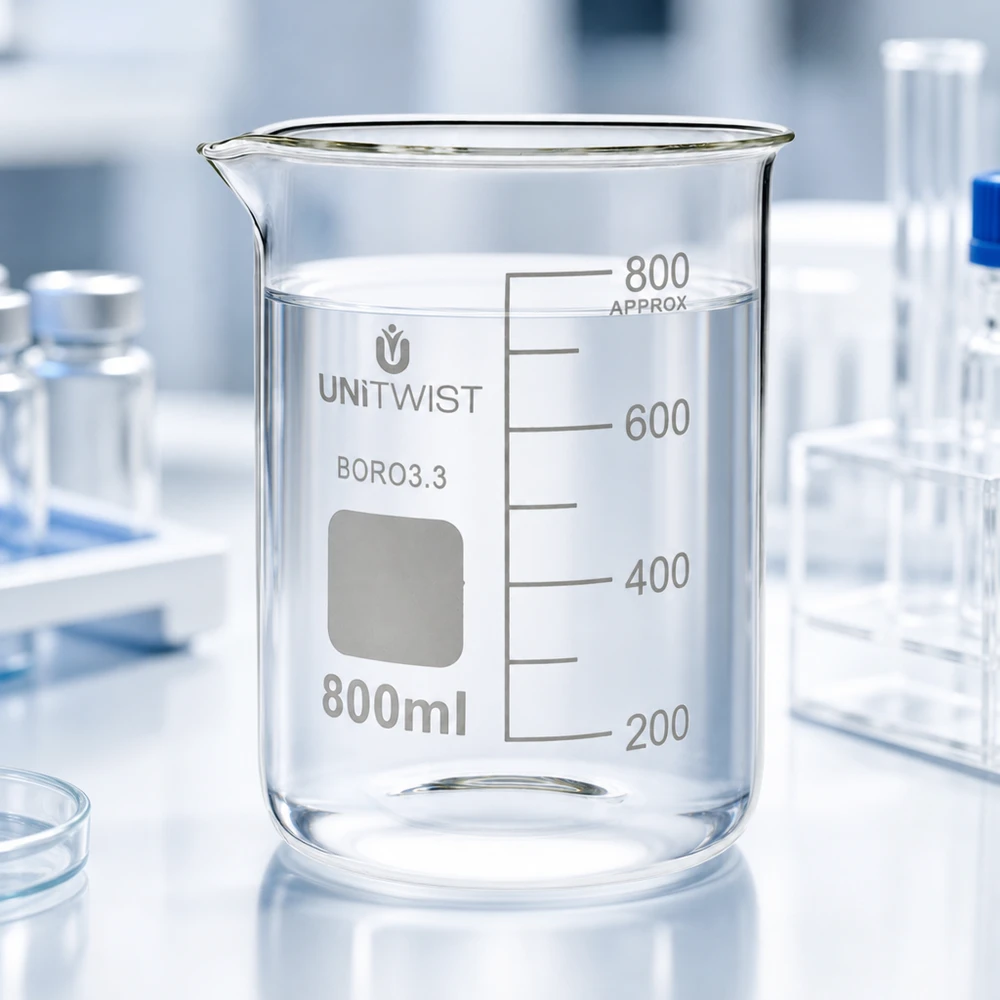 UNiTWIST 800 ml borosilicaat bekerglas, lage cilindrische vorm met witte opschrift