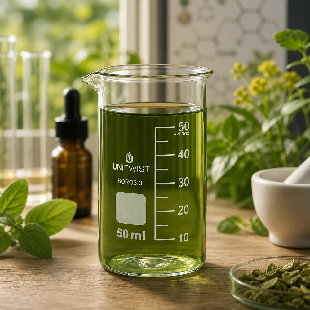 Beker 50ml borosilicaat, hoge vorm UNITWIST UNITWIST 50 ml hoog borosilicaatglasbeker met groen extract in een botanisch laboratorium