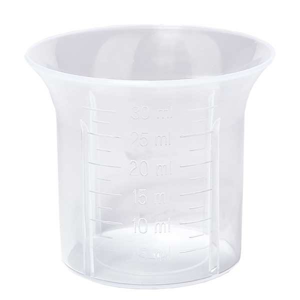 30 ml blanke doseerbeker voor schroefsluiting wit 28mm maatverdeling vanaf 5 ml in stappen van 2,5ml