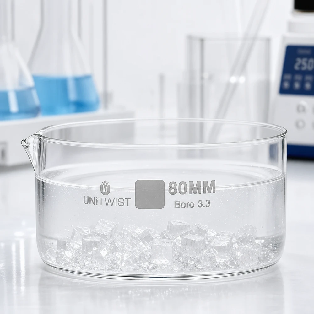 Kristalliseer schaal ø80mm borosilicaatglas UNiTWIST UNiTWIST kristallisatieschaal 80 mm, lage rand, helder laboratoriumglas, Boro 3.3
