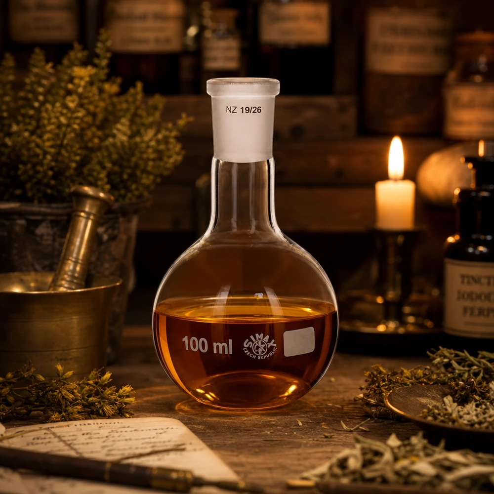Platbodem kolf 100ml nauwe hals borosilicaat met slijpstuk 19/26 Apothekerskolf 100ml van hittebestendig glas - vintage laboratoriumsfeer met kaarslicht