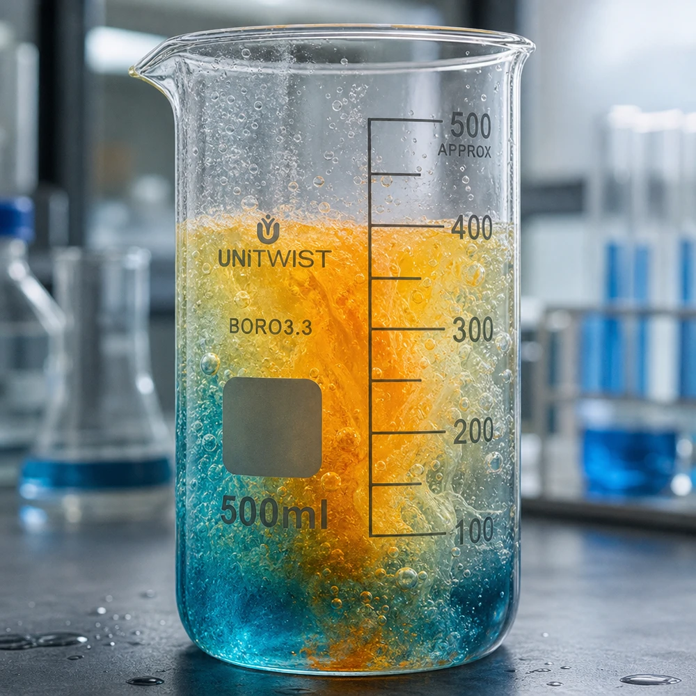Beker 500ml borosilicaat, hoge vorm UNITWIST UNITWIST bekerglas 500 ml met zichtbare chemische reactie (blauw-oranje) in het reageerbuisje