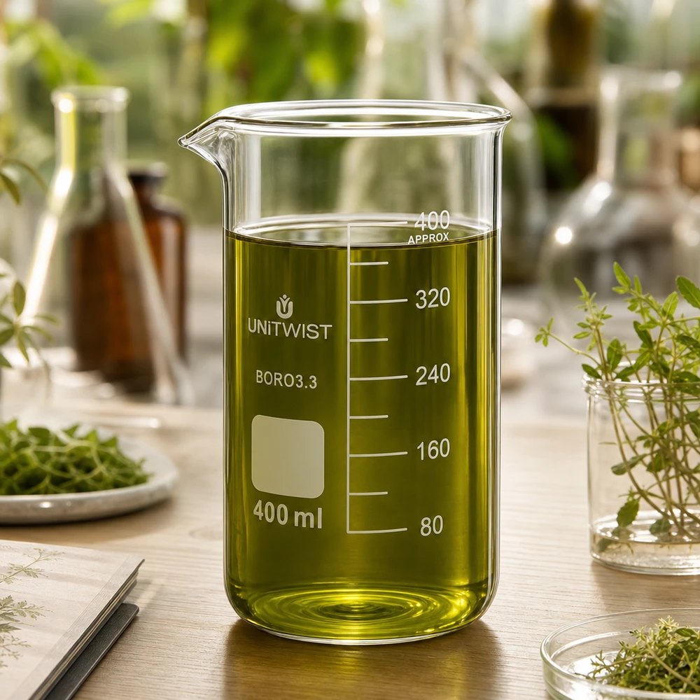 Beker 400ml borosilicaat, hoge vorm UNITWIST Hoog bekerglas van 400 ml, gemaakt van hittebestendig borosilicaatglas, voor kruidenextractie in het plantenlaboratorium