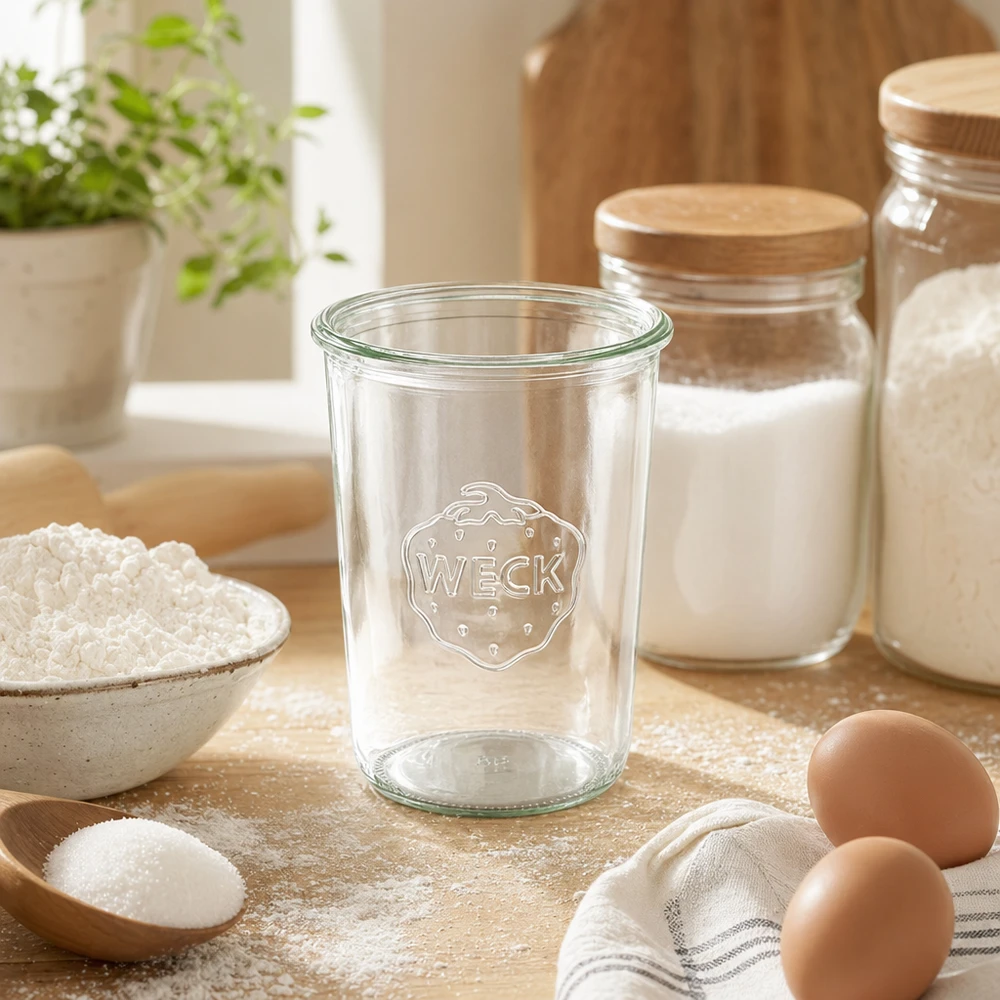 850ml WECK RR100 mason jar transparant met logo op houten tafel naast bloem, eieren en voorraadpotten