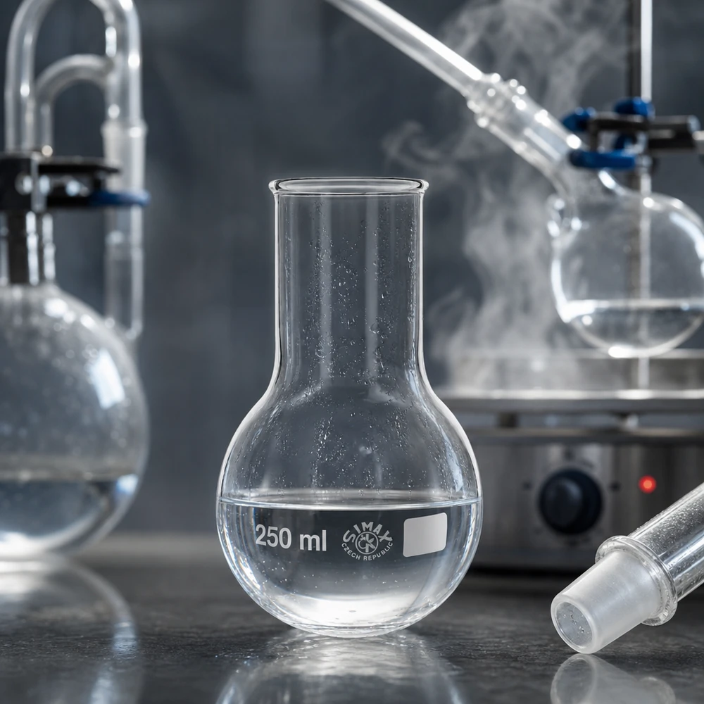 Platbodem kolf 250ml wijde hals borosilicaat met afgeronde rand Staande kolf van 250 ml met brede hals en schaalverdeling voor nauwkeurige volumemeting in het laboratorium
