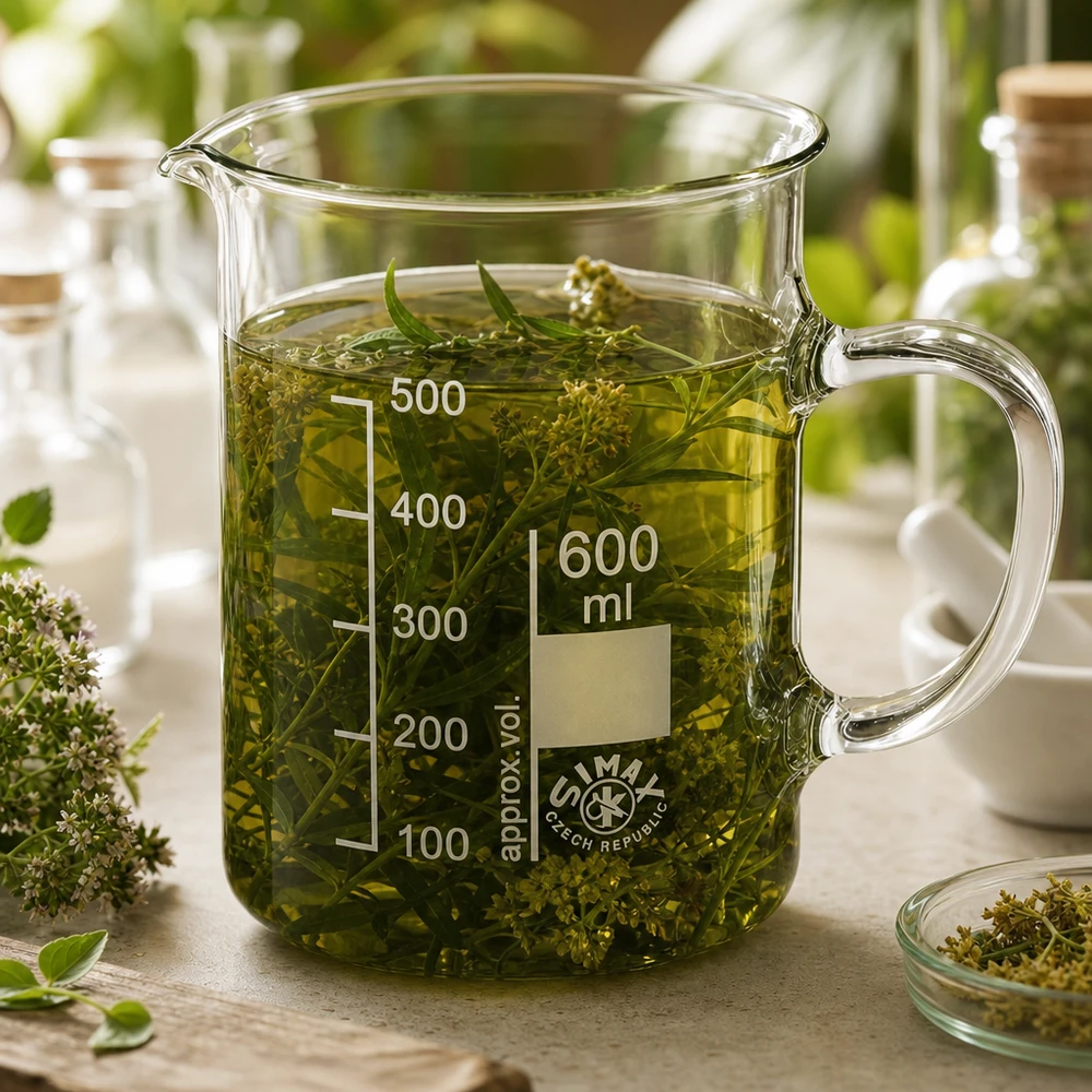 Bekerglas 600 ml van hittebestendig borosilicaatglas met handvat Hittebestendige glazen beker van 600 ml met handvat, ideaal voor het maken van kruidentincturen