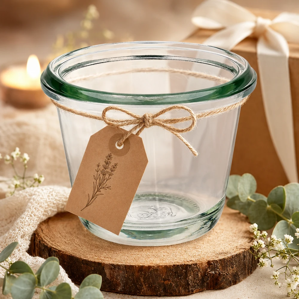 80ml WECK gourmetpot RR60 decoratief gerangschikt met kraft papieren label op houten schijf in feestelijke geschenkdecoratie
