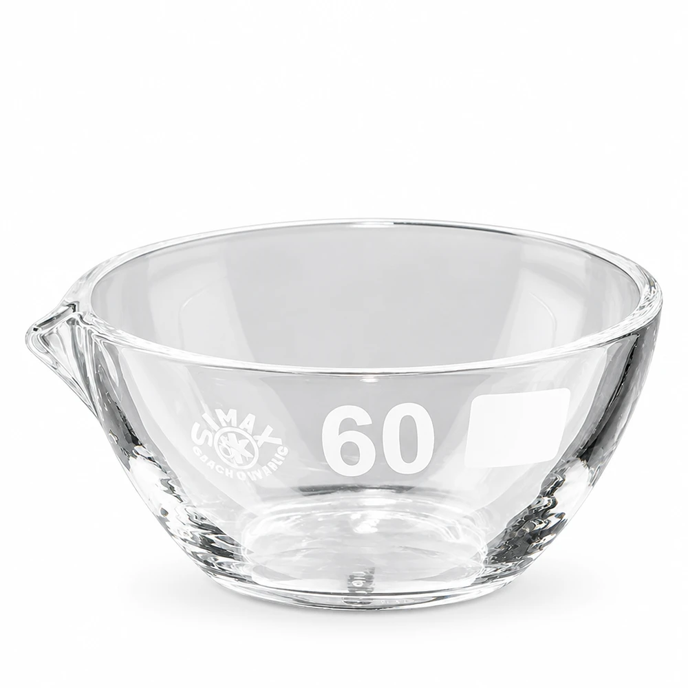 Indampschaal 45ml van borosilicaatglas met schenktuit Hittebestendige 60 mm ronde dampschaal van borosilicaatglas met schenkfunctie